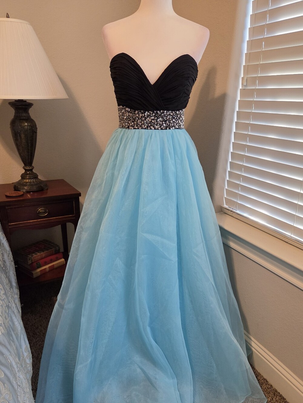 Black & Light Blue Strapless Ball Gown Dress